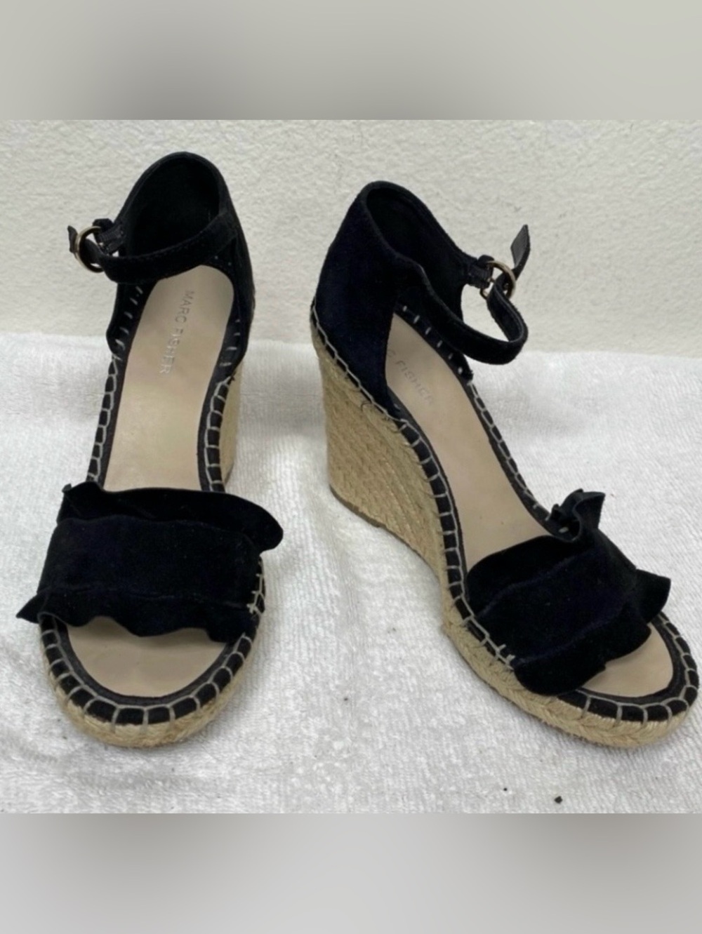 Marc Fisher Womens Black Suede Kickoff Wedge Espadrille Sandals Size 7.5 Coastal